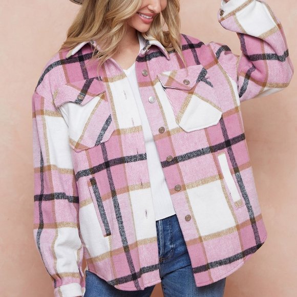 NEW SHACKET FLANNEL PLAID JACKET SHIRT pink/white SM-XLG bohemian western Barbie - Picture 2 of 8